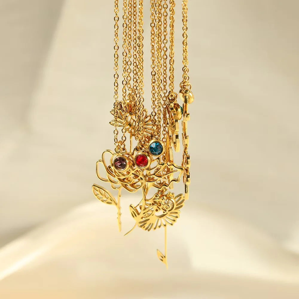 Women Necklace Birth Flower Necklace Gold Birthstone 12 Month Bouquet Pendant Floral 18K Gold Plated Necklace Jewelry