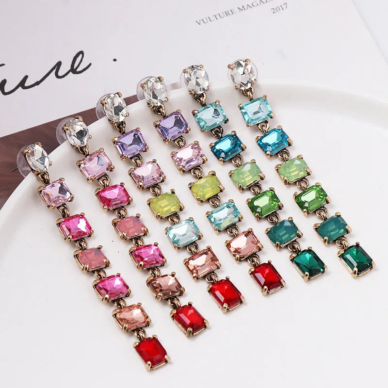 HOVANCI Women Fashion Wedding Jewelry Long Crystal Tassel Earring Multi Color Rhinestone Square Earring for Party