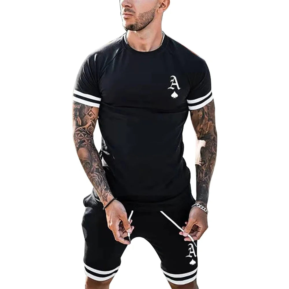 2026 New Hot Selling Men's Ace of Spades Letter Print 2 Piece Short Set - Striped Trim Casual Tee & Shorts Tracksuit
