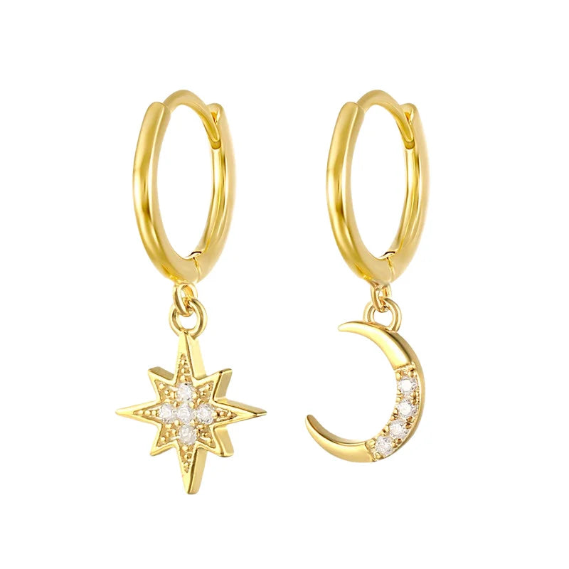 925 Sterling Silver Star and Moon Hoop Earrings 18k Gold Plated Starburst Drop Style Zircon Jewelry for Women