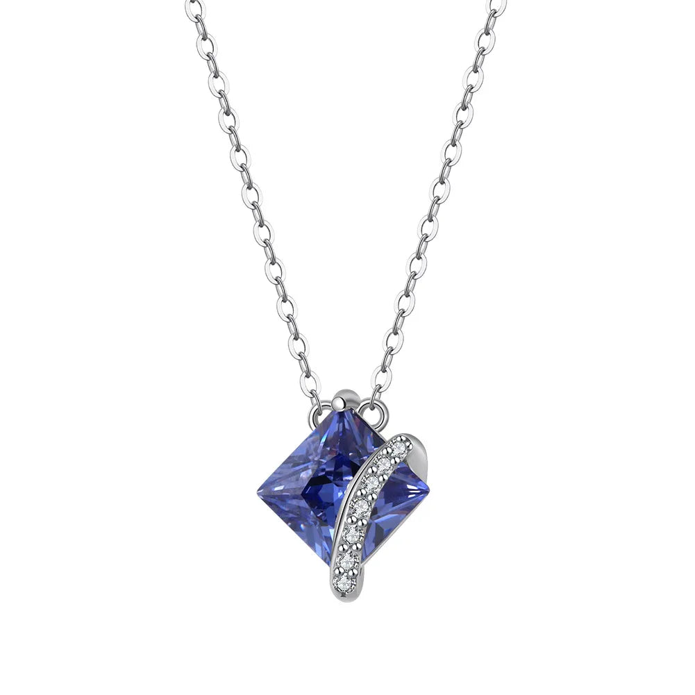 New Hot Fine Jewelry 5A Cubic Zirconia 925 Sterling Silver Necklaces Diamond-shaped Blue Cz Pendant Necklace