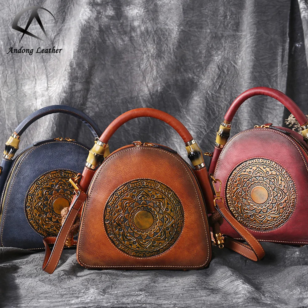 Andong Genuine Leather Handbags Retro Cowhide Women's Handbag Embossed Shoulder Bag Vintage Bags for Female