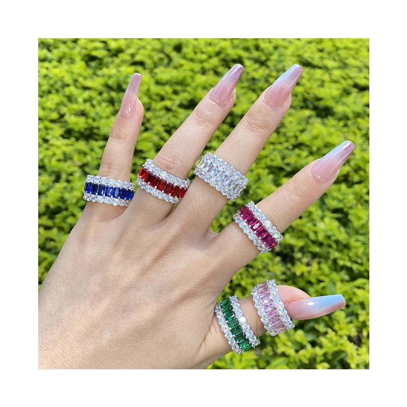Accept Custom Silver Sterling 925 Top Quality Luxury Gemstone CZ Diamond baguette Band Ring for Women