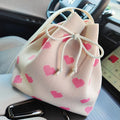 Sweet Love Heart Pattern Bucket Crossbody Bag Trendy Drawstring Storage Bag for Girls Stylish Handbag Perfect for Summer Beach