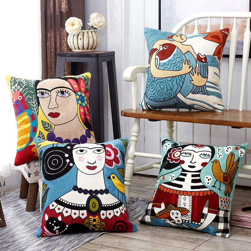 Low Price Embroidered Cushions Covers Embroidery Picasso Abstract Paintings Cushion Cover Throw Decorative Pillows Case