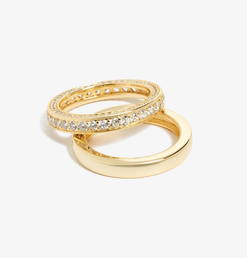 Triple Side Gold Plated Pave CZ 925 Sterling Silver Women Jewelry Two Band Ring Set