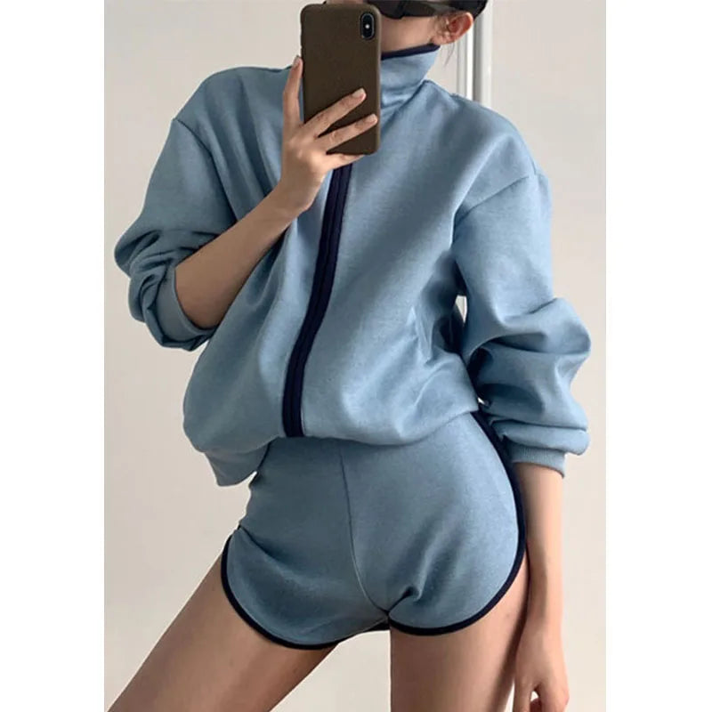 Custom logo Tracksuit 2 Piece Short Sweatsuit Women Comfy Cotton Sport Wear Zipper Hoodie and Shorts Set Women