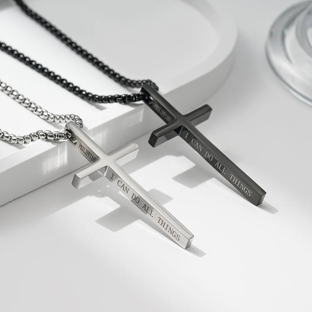 Simple Stainless Steel Simple Black Cross Pendants Engrave Letters I Can Do All Things Cross Stainless Steel Necklace