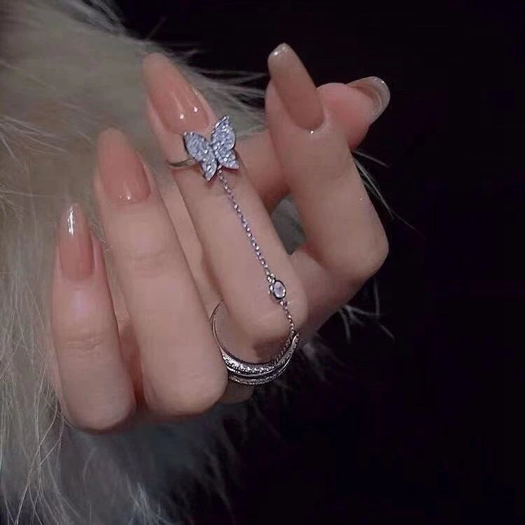 XYI-07 Fashion Finger Jewelry Open Cuff Rings Adjustable Crystal Diamond Silver Tassel Chain Butterfly Ring Women