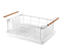 Japanese White Metal Dish Rack with Attached Drainboard Cup Holders and Wooden Handles for Home Kitchen Counter Top Organizer