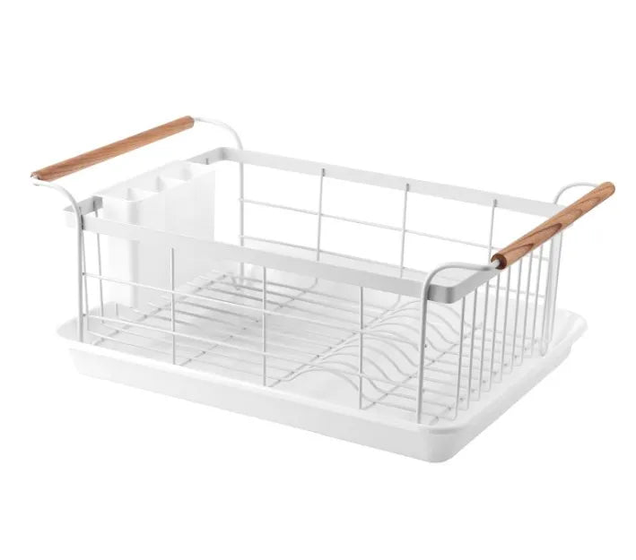 Japanese White Metal Dish Rack with Attached Drainboard Cup Holders and Wooden Handles for Home Kitchen Counter Top Organizer