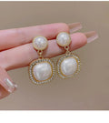 Fashion 925 Silver Post Pearl Dangle Earrings Retro Full of Diamond Square Pearl Drop Earrings for Women