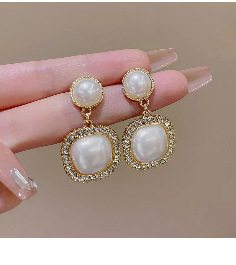 Fashion 925 Silver Post Pearl Dangle Earrings Retro Full of Diamond Square Pearl Drop Earrings for Women