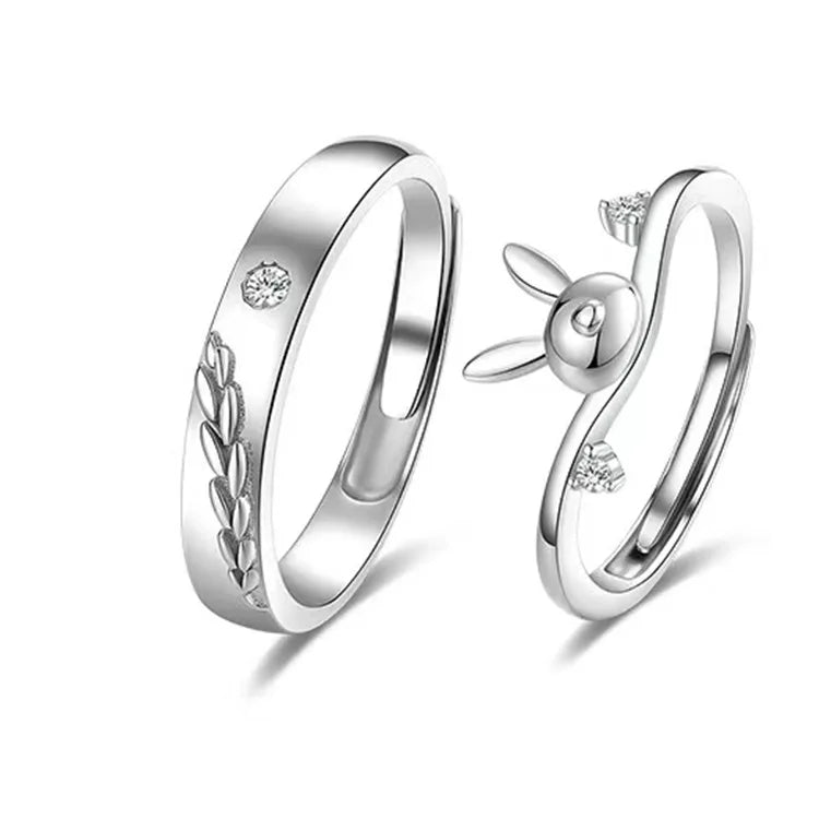 Romantic Design Silver Plated Couple Ring Tree and Rabbit Cute Wedding Finger Ring Set Zircon Diamond Couple Rings for Women Men