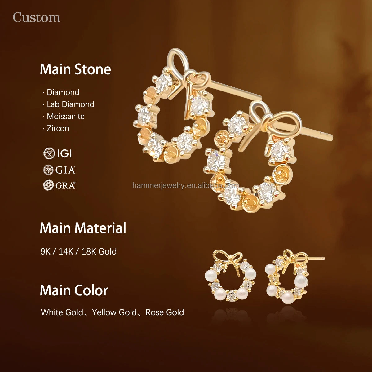 AU585 Real Gold Bow Earrings Fashion  FreshWater Pearl 14K Real Gold With Natural Diamond Fine Jewelry
