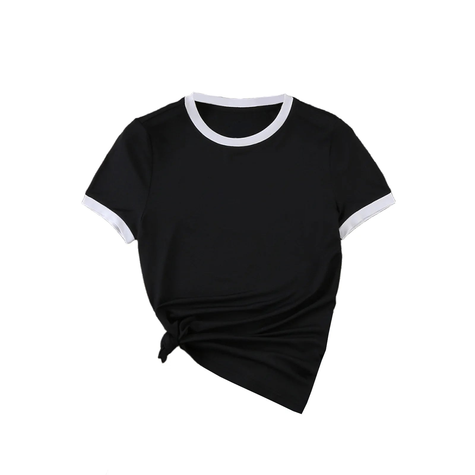 Cross-Border Women's Slim-Fit Casual T-Shirt Summer Explosion-Effect Black White Color Matching Simple
