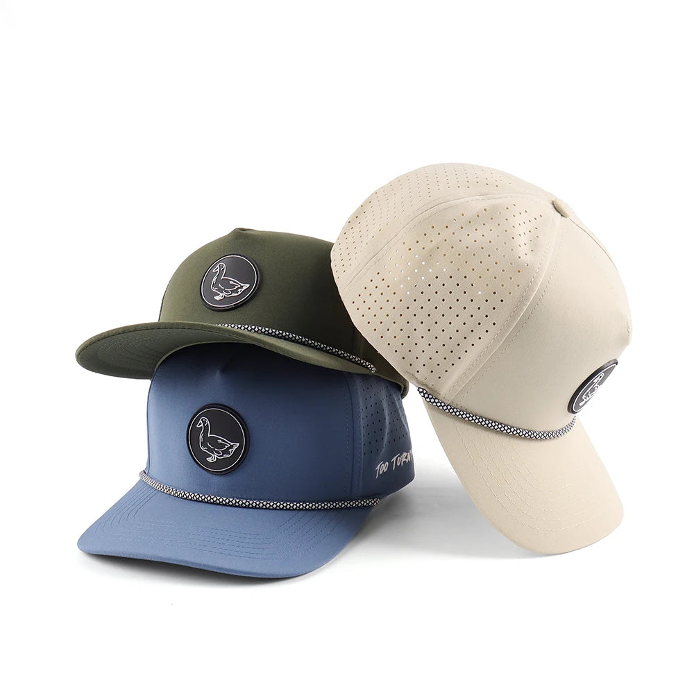 Custom Waterproof 5 Panel Quick Dry Polyester Sports Rope Baseball CapMen Fashion PVC Logo Laser Cut Hole Perforated Dad Hat
