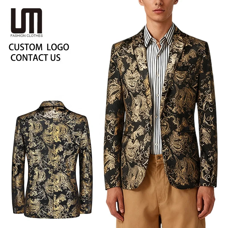 Liu Ming Popular Retro Fashion Men Clothing Plus Size 6XL Slim Nightclub Party Suit Gold Print Jacket Blazer