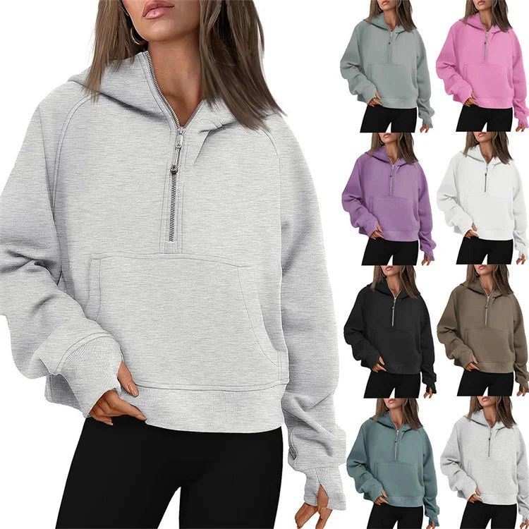 Oem New Custom Logo Winter Ladies Sports Multicolour Plain Half Zipper Loose Fitting Sweatshirts Jogger Fleece Hoodies for Women