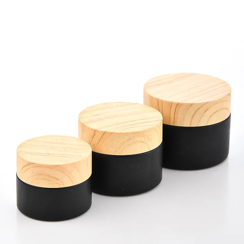 Wholesale Empty 5g 15g 20g 30g 50g Matte Black Glass Cream Jar with Wooden Grain Lid