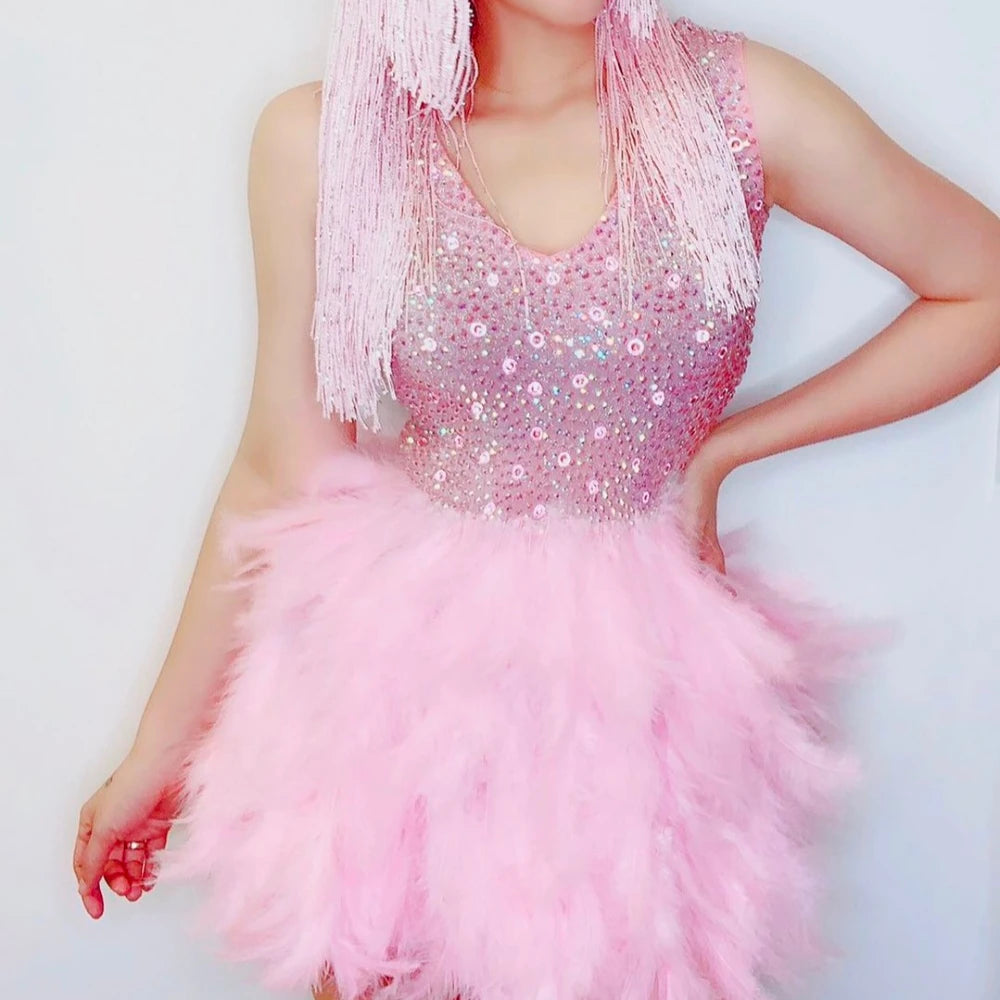 Sparkly Rhinestones Pink Feather Backless Mini Dress Women Birthday Party Show Dance Outfit Nightclub Bar Singer Dancer Costume