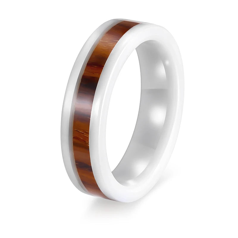 Somen Fashion Jewelry Customizable Wedding Band High Polished 6MM Wood Inlay White Ceramic Rings for Men Women