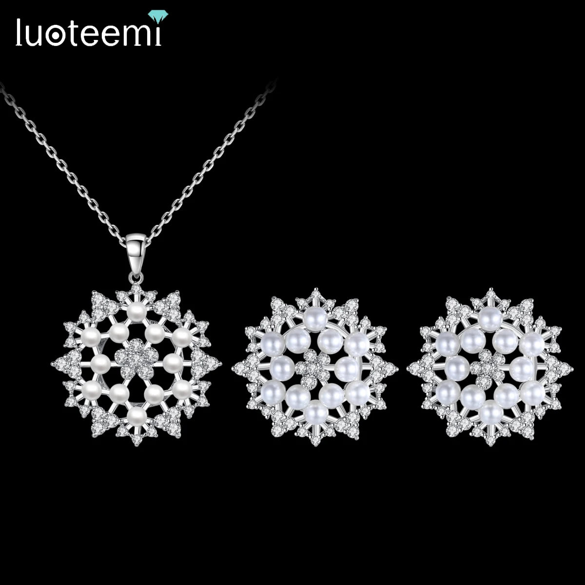LUOTEEMI Flower Shape Jewelry Cz Fashion Bling Girl Earrings Zircon Chain Dainty Woman Stud Pearl Necklace Set