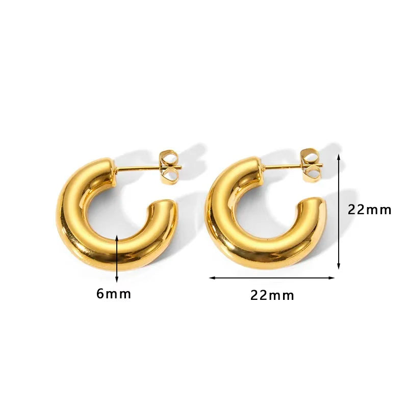 Ouj Women 18K Gold Rhodium Geometric Hollow C Shaped 316L Stainless Steel Stud Earrings Different Sizes Brass Hook Shape