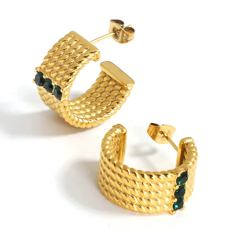 Casting Mould Stainless Steel Ear Ring 18k Gold Plated 25MM Dome Cubic Green Zircon Pearl Paved C Shaped Earring Stud