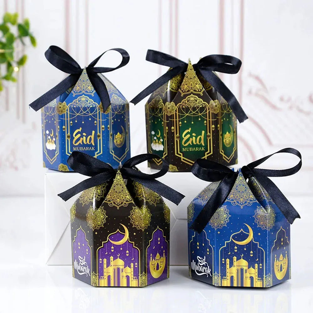 Eid Mubarak Paper Hexagon Candy Chocolate Packaging Box Ribbon Gift Boxes for Muslim Ramadan Party Decor