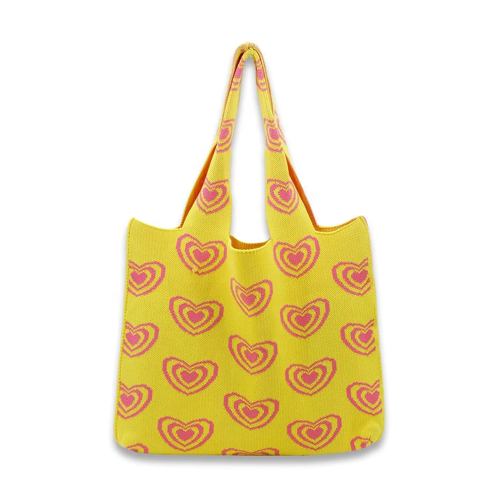 2023 Factory Wholesale Korean Women's Large Capacity Tote Bags Sweet Heart Knitted Crochet Shopping Bags