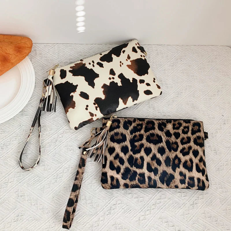 New Fashion PU Leather Envelope Clutch Bag Ladies Handbags Leopard and Cow Print Women Wristlet Purse