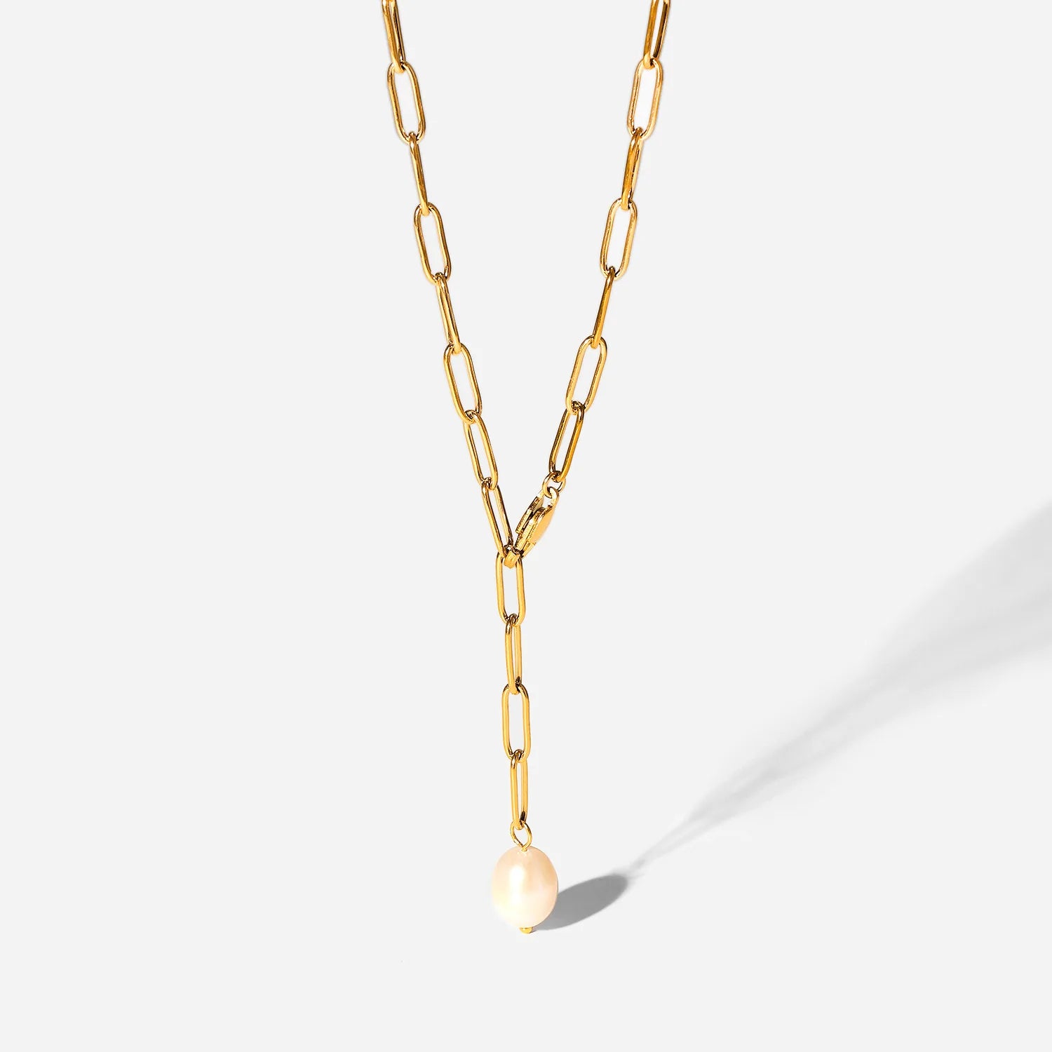 New Stainless Steel Paper Clip Chain Gold Necklaces Y Shape Freshwater Pearl Pendant Necklace for Women Wedding Party Jewellery