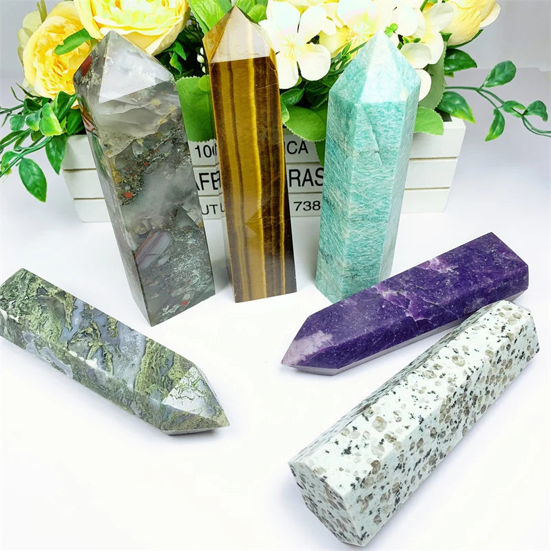 Crystal Tower Point Moss Agate Healing Stones Amethyst Clear Rose Quartz Crystal Wand Point