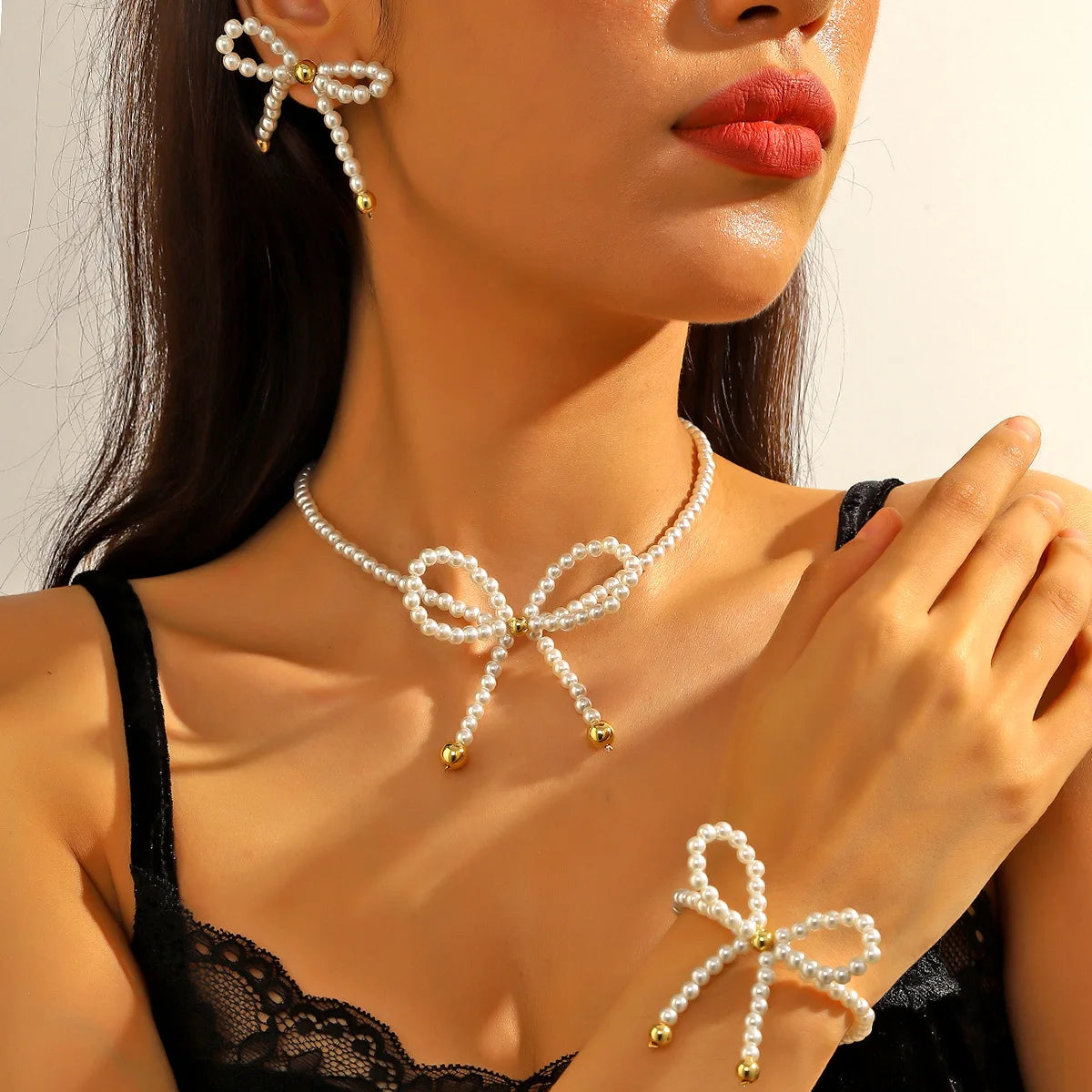 Elegant Bow Necklace Set Fashion Imitation Pearl Beads Chain Aesthetic Choker Necklaces Earring Bracelet Women Wedding Jewelry