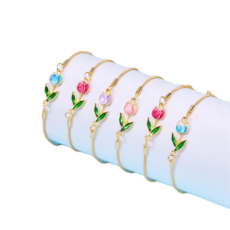 New 2024 Luxury Design Dropping Oil Tulip Flower Bracelet Elegant Fashion Jewelry Bracelets Women