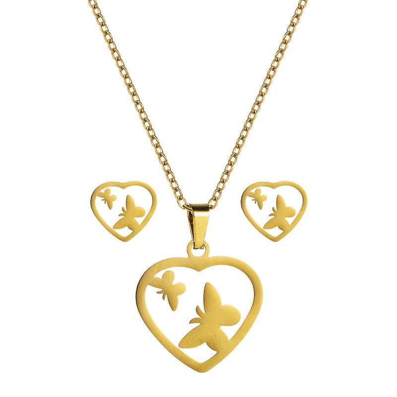 Custom 18k Gold Plated Butterfly Heart Charm Earrings Necklaces Set for Women Pendant Necklace Earrings for Women
