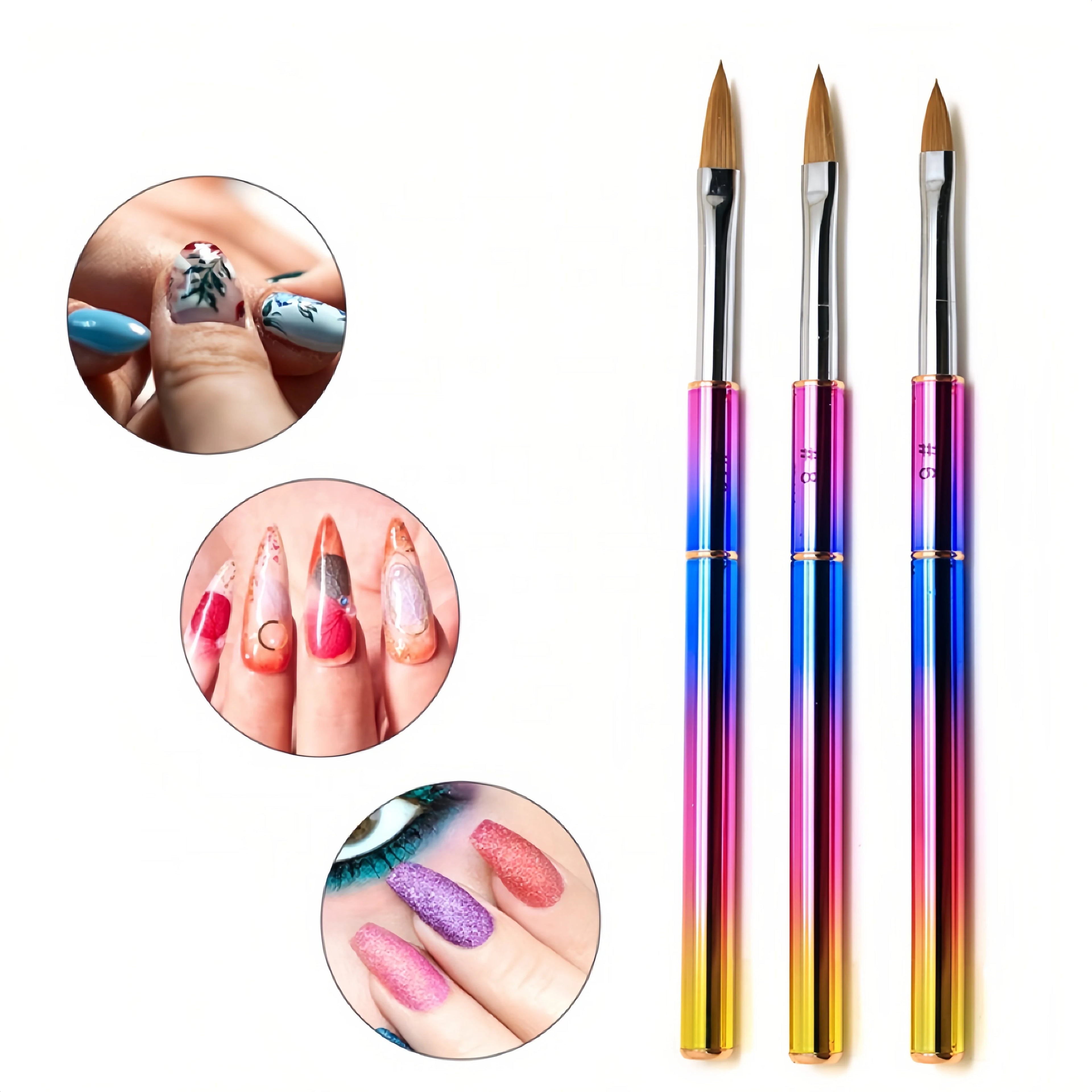 Reverse Insert Lid Design Gradient Rainbow Metal Handle 100% Pure Kolinsky Acrylic Nail Brush Flat &Crimped 3D Brush Size #2~#10