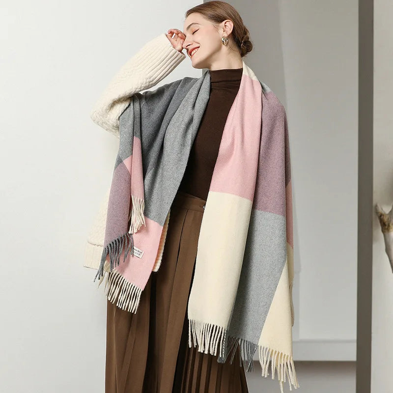 Winter Woman Wool Scarves 2024 Cashmere Warm Woven Plaid Scarf With Fringe Shawl for Ladies