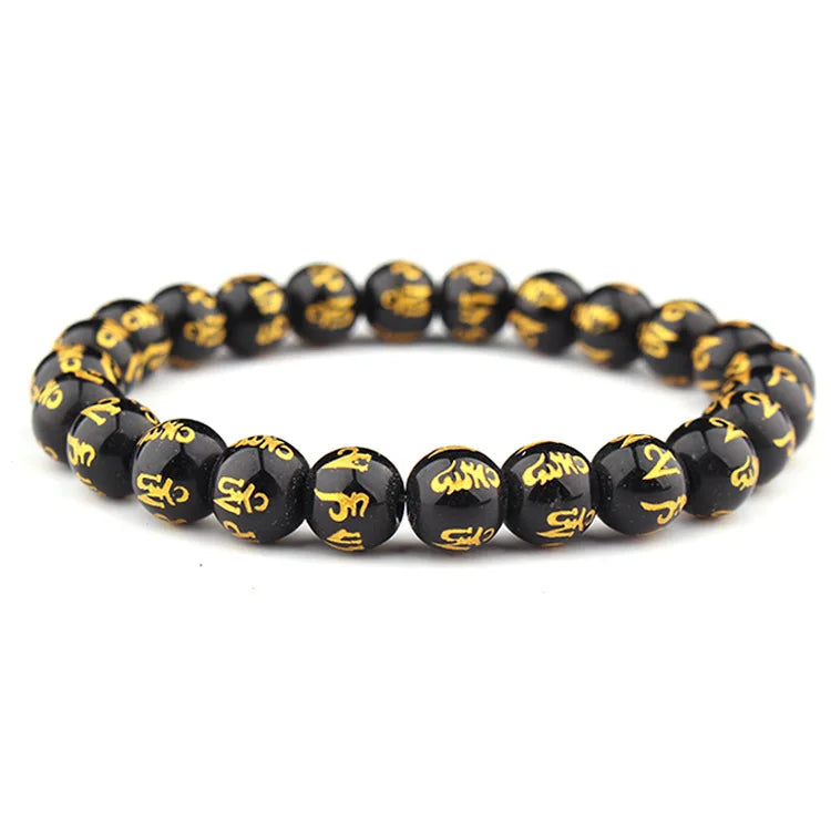 Feng Shui Black Obsidian Wealth Bracelet 8mm Hand Carved Mantra Adjustable Elastic Bead Bracelet for Men Women Attract Wealth