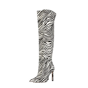 Women Pointed Toe Black and White Zebra Over the Knee Boots for Ladies Stiletto High Heel Winter Long Boot