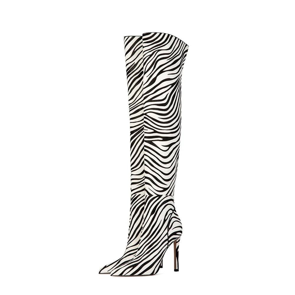 Women Pointed Toe Black and White Zebra Over the Knee Boots for Ladies Stiletto High Heel Winter Long Boot