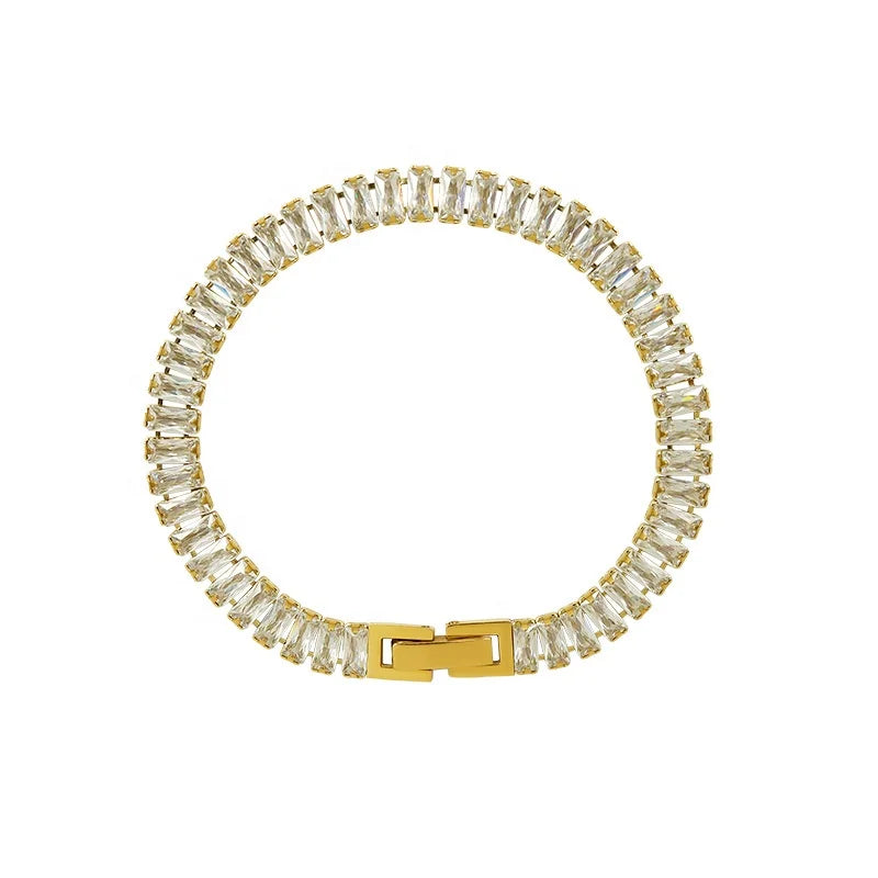 Women's 18K Gold-Plated Stainless Steel Tennis Chain Bracelet Clustured Link White CZ Stone Geometric Iced Baguette Lab Grown