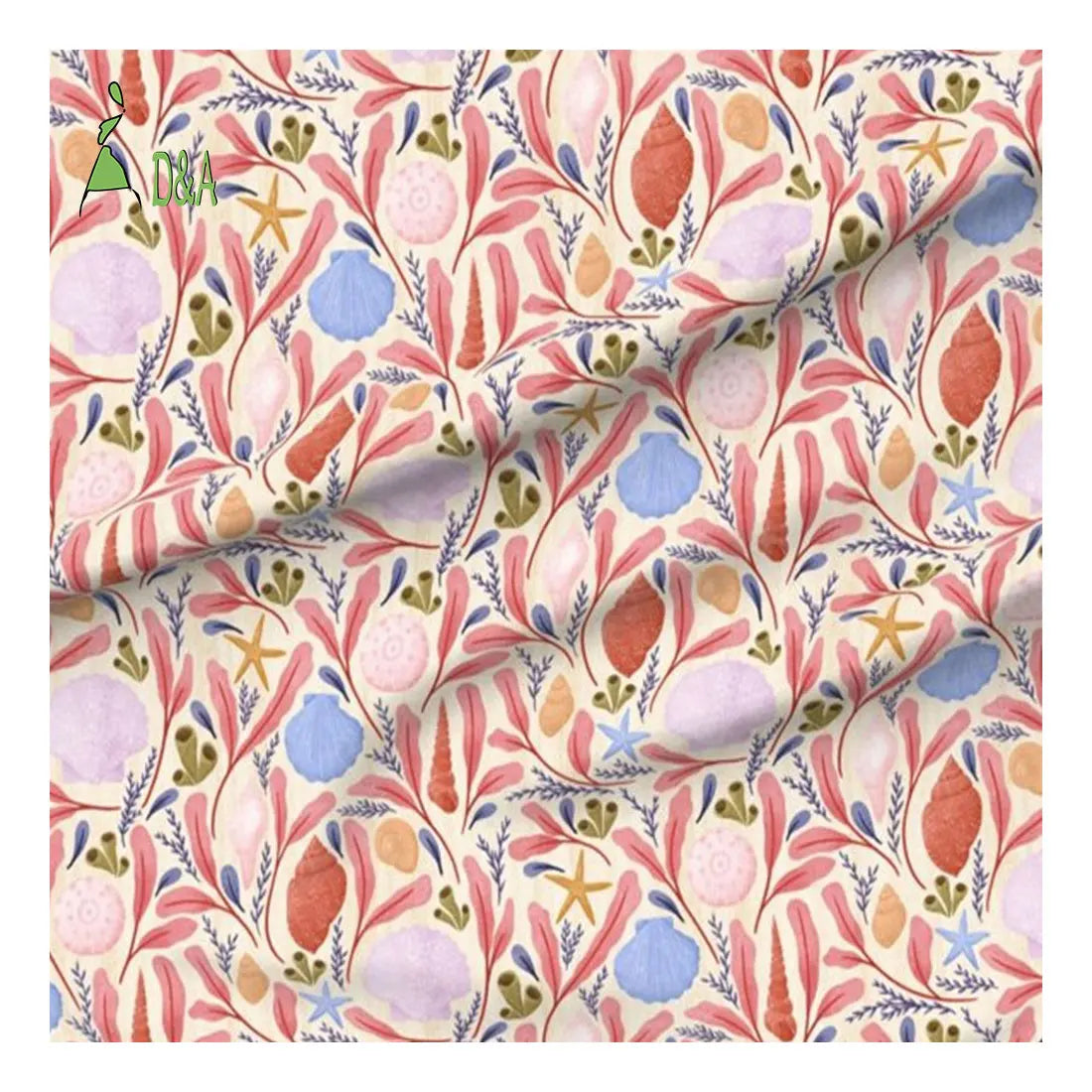 Vintage Pink Pastel Seashells Nautical Printed 100% Rayon Fabric Summer Beach Sea Theme Woven for Girls' Garments for Lining