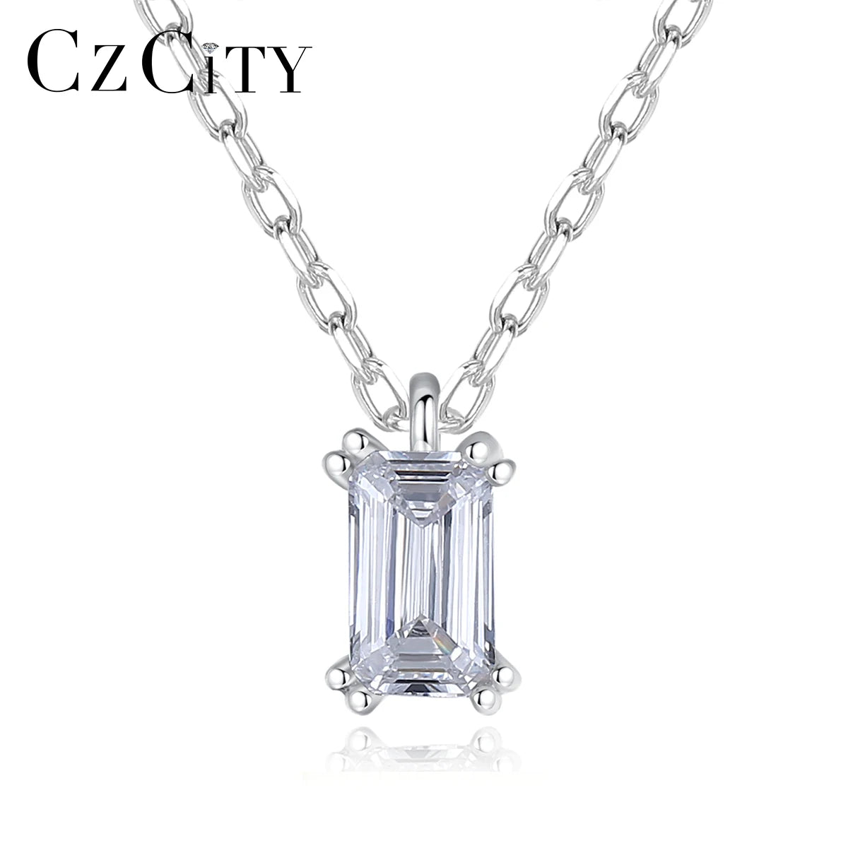 CZCITY Princess Cutting Ice Out Stone Silver Diamond Necklace 925 Sterling Link Chain Necklace Women