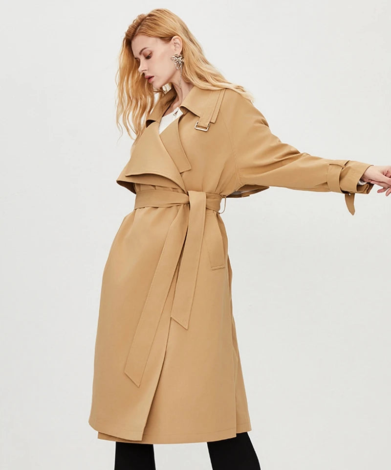 Fashionable Women Autumn New Design Drop Shoulder Long Sleeves Oversized Mid-Length Trench Coat With Sash