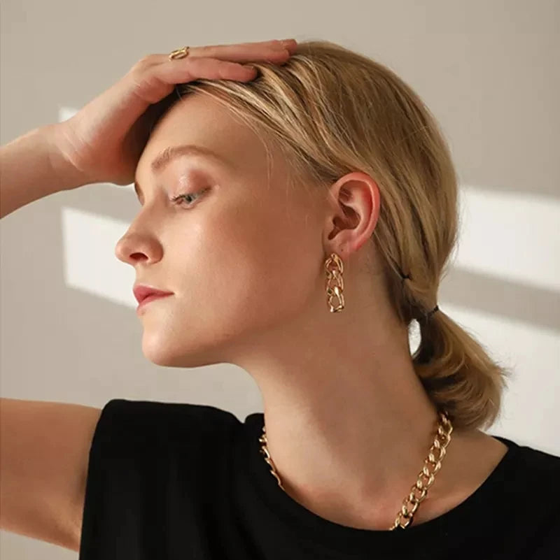 Wholesale High End Waterproof Hypoallergenic Stainless Steel Women Jewelry 18k Gold Plated Thick Cuban Link Chain Earrings