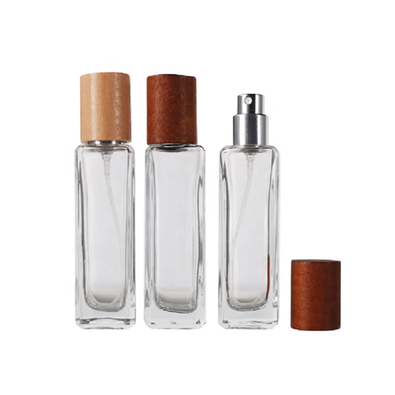 30ml Glass Perfume Bottle Square Atomizer Perfume Bottle Packaging Bamboo Wood Lid Empty Perfume Bottle with Bayonet Cap Finish