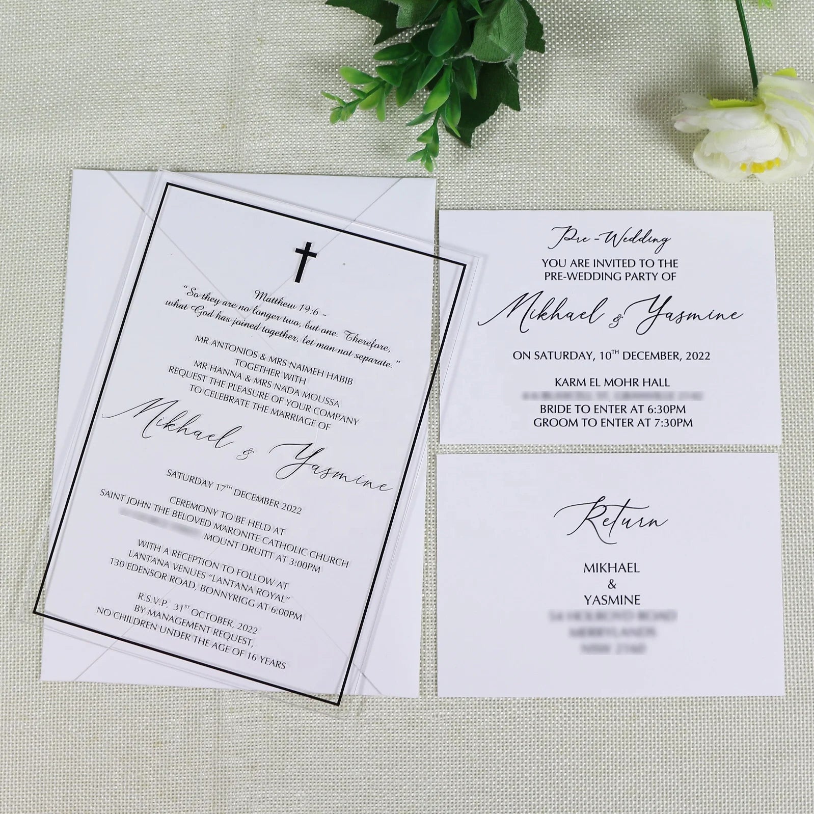 Christian Black and White Wedding clear Acrylic Wedding Card with Pre Wedding Card and RSVP Card for Christening