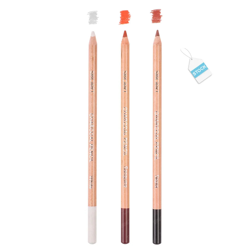 SINOART 3 Color Professional Colour Charcoal Pencils Drawing Set White Sepia Sanguine Pastel Pencil for Sketching Drawing